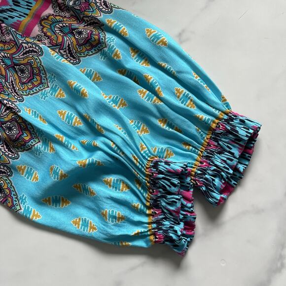 Hale Bob Oona mini Dress turquoise blue print Size M Boho chic Western Festival - Picture 8 of 12
